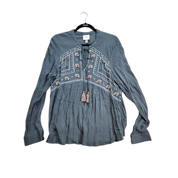 Knox Rose Tops - Knox Rose Womens Top Blouse Size XL Gray Long Sleeves Tassels Embroidered Floral
